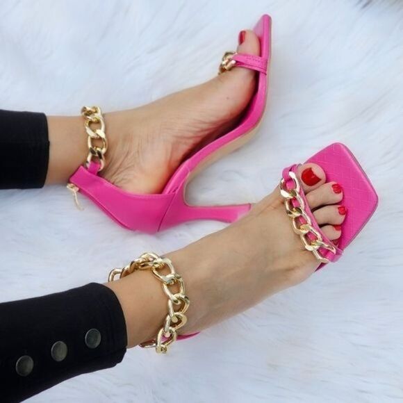 Womens Fuchsia Ankle Strap Heels Chains Stiletto Sandals - Picture 3 of 6